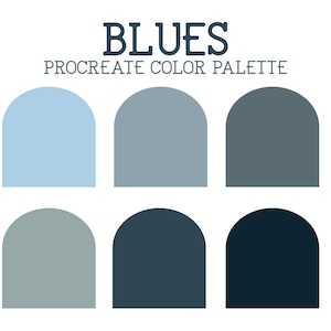 Może przedstawiać: Paleta kolorów składająca się z sześciu odcieni niebieskiego, od jasnego błękitu do ciemnej  granatowej. Paleta jest oznaczona jako "BLUES PROCREATE COLOR PALETTE".