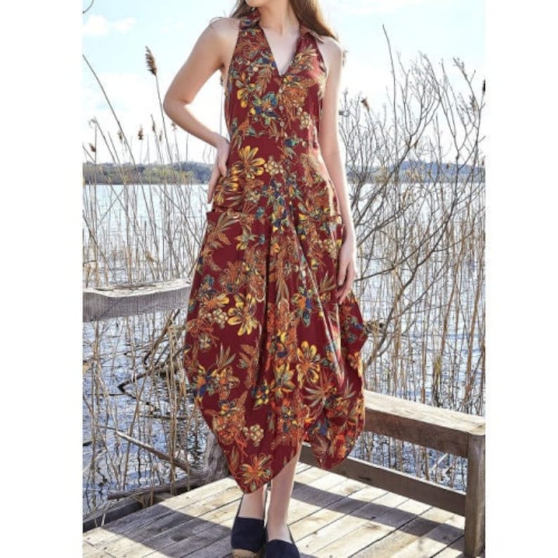 Floral Halter Back Summer Dress with Pockets Asymmetrical Skirt Summer Dress image 1