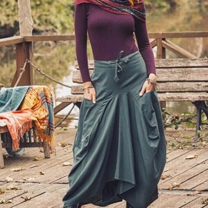 Kyria Bohem Style Asymmetrical Cotton Maxi Skirt with Pockets, Vintage Women Skirt image 2