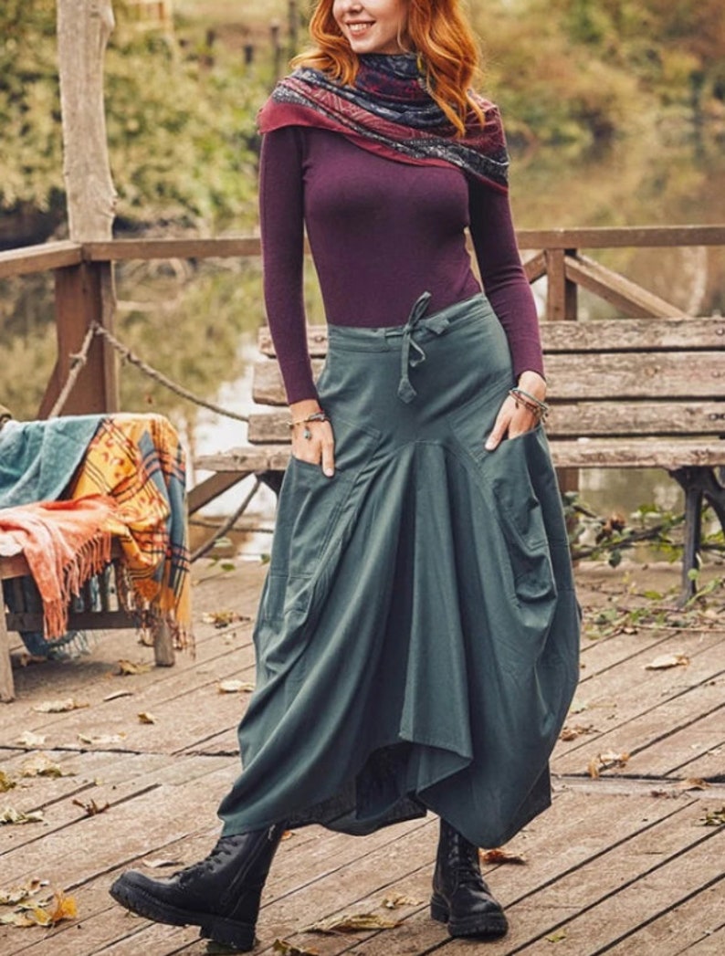 Kyria Bohem Style Asymmetrical Cotton Maxi Skirt with Pockets, Vintage Women Skirt image 2