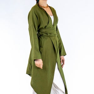 Jade Linen Kimono Bohemian Style Robe Dress Long Morning Linen Gown Green