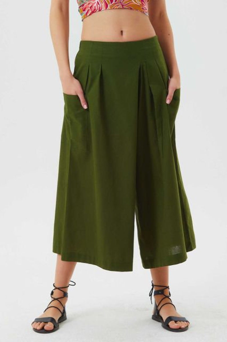 Bohemian Style Wide Leg Linen Pants, Elastic Back Waist Flowy Trousers , Linen High Waist Palazzo Pant image 2