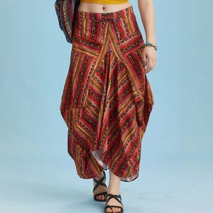 Kyria Bohem Style Asymmetrical Cotton Maxi Skirt with Pockets, Vintage Women Skirt Red