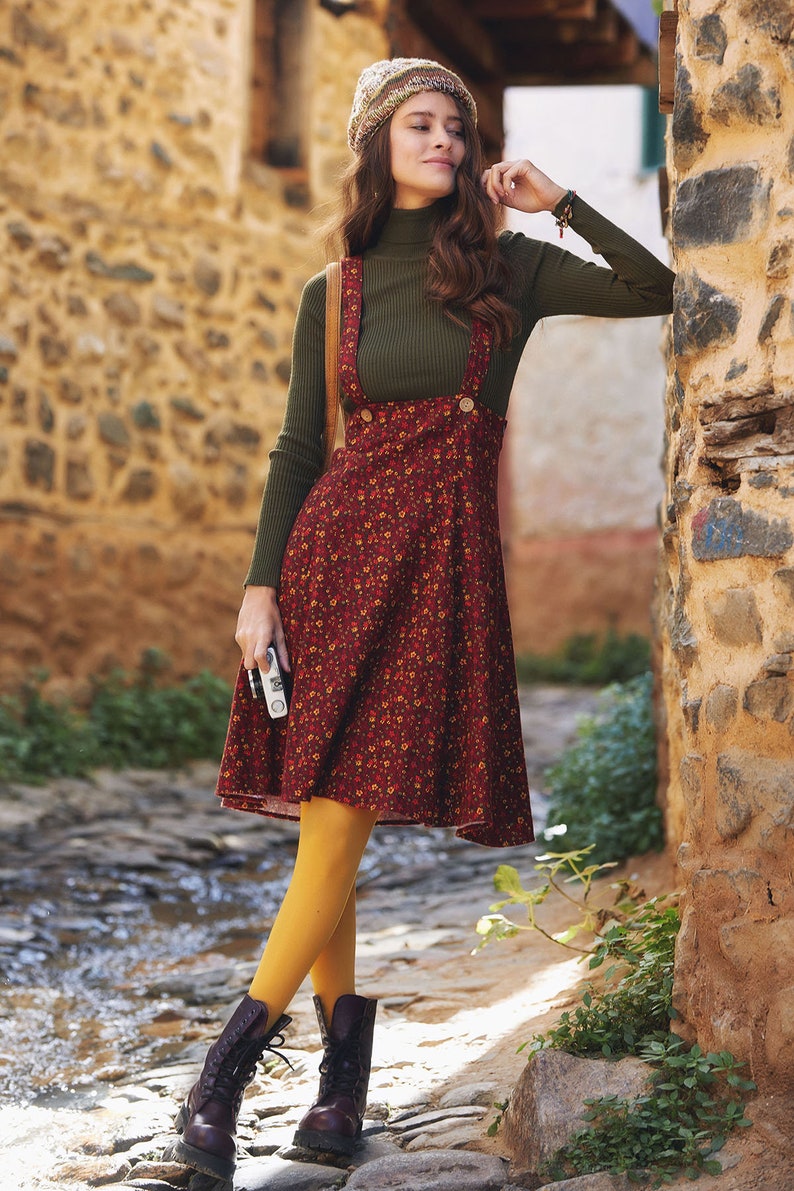Allara Bohemian Style Cotton Midi Skirt Thick Cotton Winter Skirt Floral Winter Skirt Overall Vintage Style Skirt Red