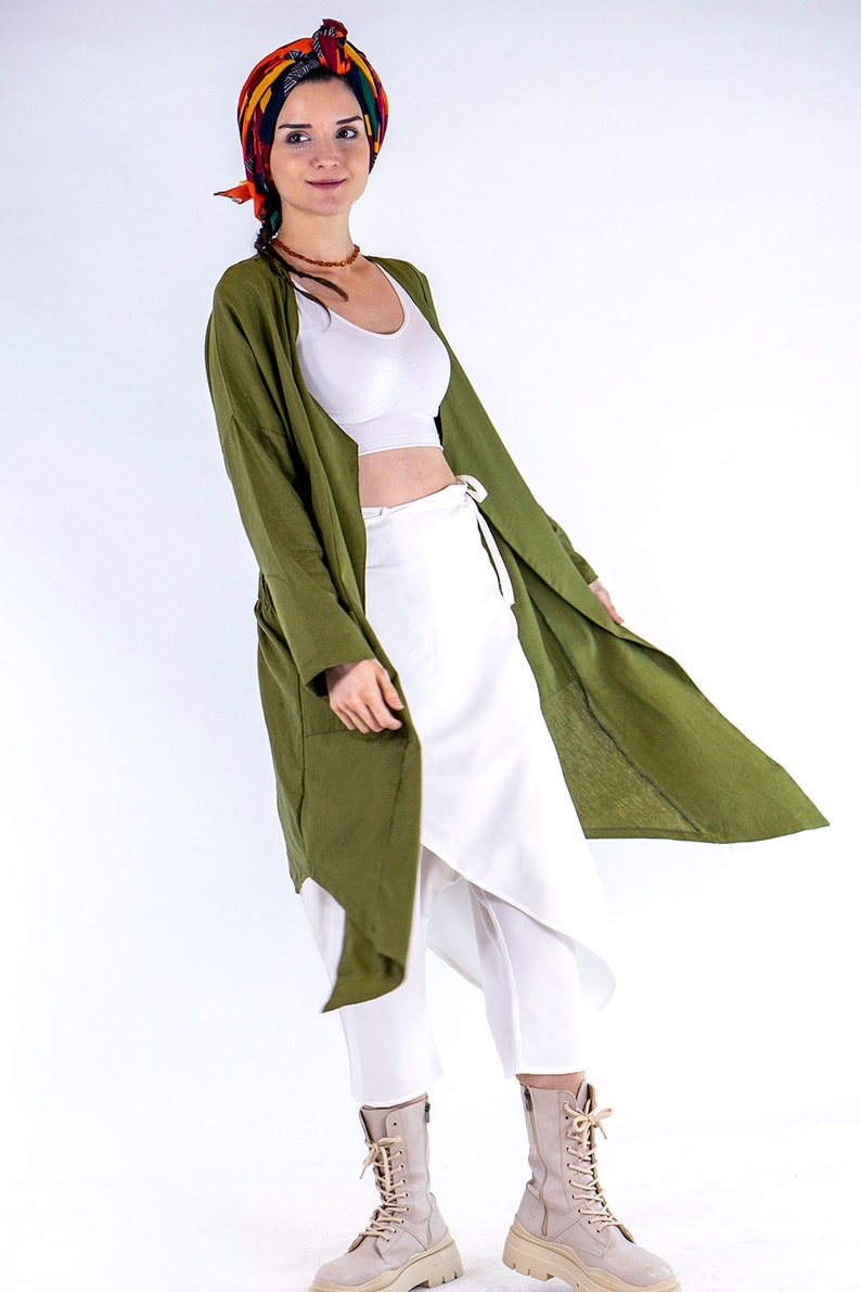Jade Linen Kimono Bohemian Style Robe Dress Long Morning Linen Gown image 3