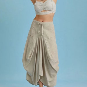 Kyria Bohem Style Asymmetrical Cotton Maxi Skirt with Pockets, Vintage Women Skirt Beige