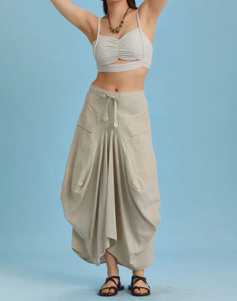 Kyria Bohem Style Asymmetrical Cotton Maxi Skirt with Pockets, Vintage Women Skirt Beige