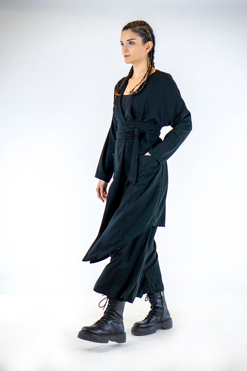 Jade Linen Kimono Bohemian Style Robe Dress Long Morning Linen Gown Black