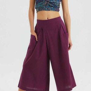 Bohemian Style Wide Leg Linen Pants, Elastic Back Waist Flowy Trousers , Linen High Waist Palazzo Pant Purple