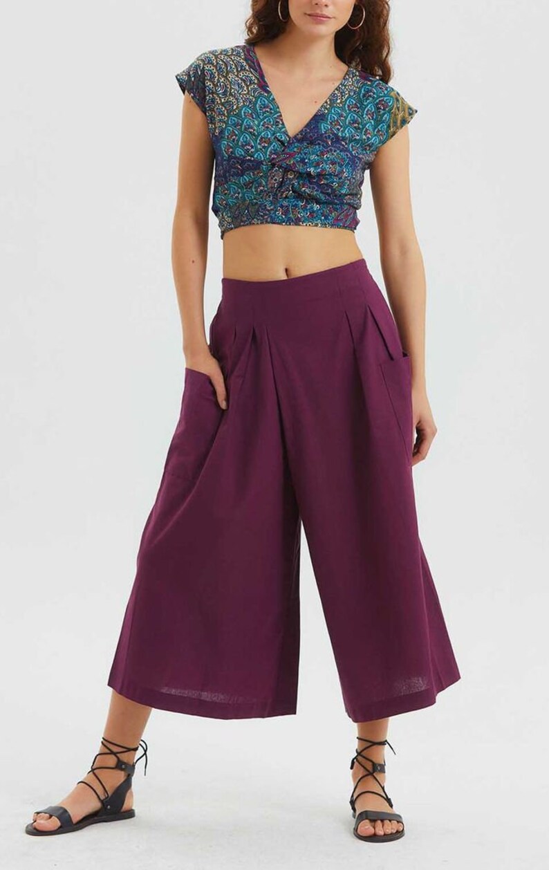 Bohemian Style Wide Leg Linen Pants, Elastic Back Waist Flowy Trousers , Linen High Waist Palazzo Pant Purple