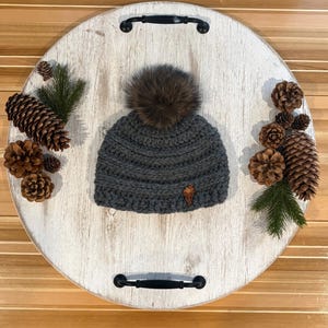Charcoal Grey Handmade Crocheted Kid's Toque or Beanie with Real Fisher Fur Pom Pom
