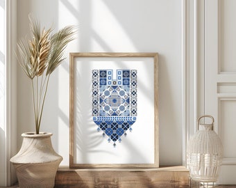Blue Palestinian Tatreez Art Print, Middle Eastern Decor (Digital File)
