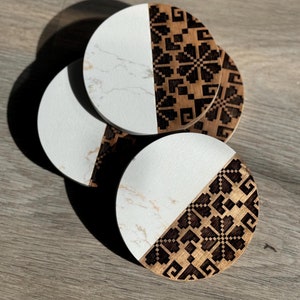 Tatreez Acacia Wood Marble Coasters: Palestinian Home Decor