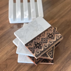 Tatreez | PALESTINE Wood Marble Coasters | Palestinian Home |  Stand included | House warming Gift | Islamic Modern Home Decor