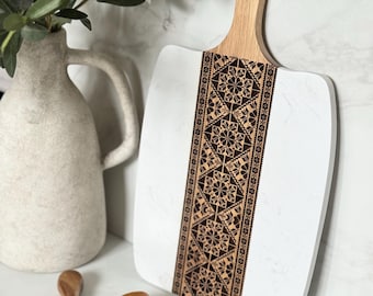 Acacia Wood Marble Serving Board | Palestinian Tatreez Engraved Design