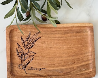 Engraved Acacia Wood Tray – Olive Branch “Olive You” Design