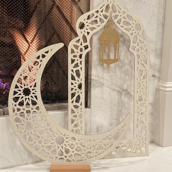 Islamic Ramadan Decor | 16” Crescent Moon or 24” Mihrab | Stone Finish Wooden Islamic Decor Muslim Home Decor Sold Individually or as a Set