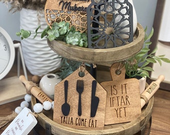 Ramadan Tiered Tray Decor: Laser Engraved Wood Mini Signs