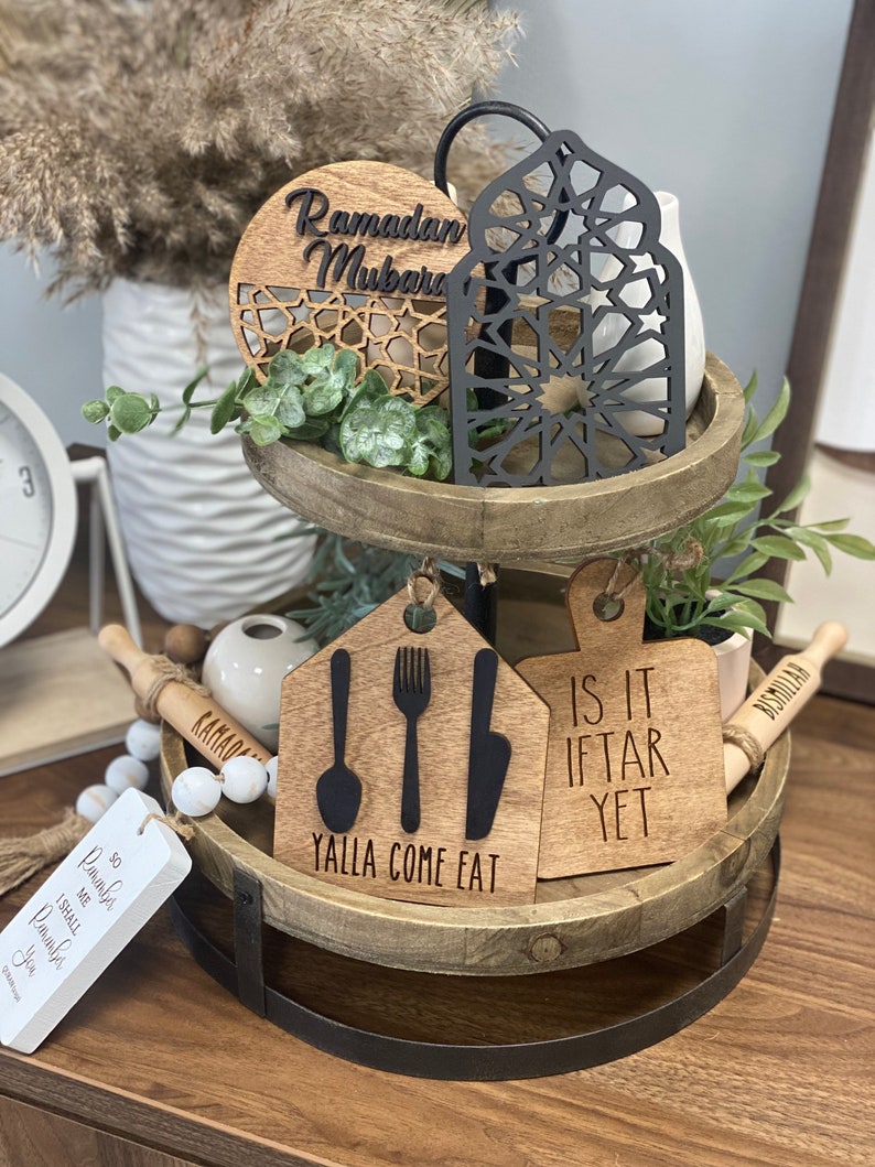 Farmhouse Tiered Tray Decor| Home Decor| Eid Decor| Home | Mini Sign| Ramadan| Yalla Come Eat| Rolling Pin | Garland 