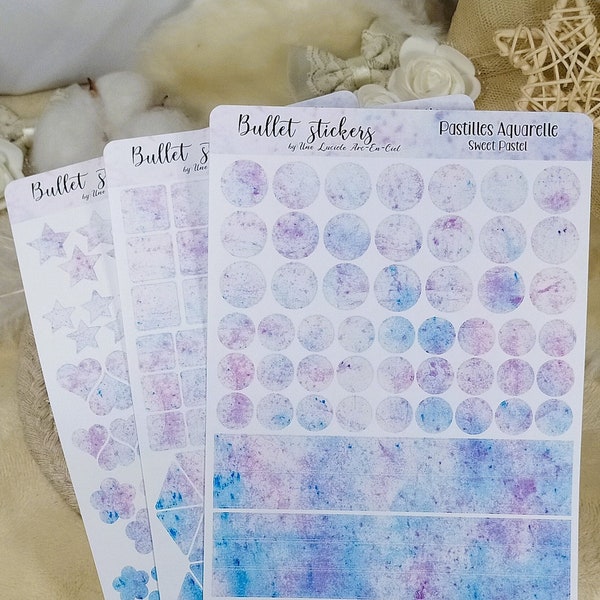 Bullet stickers : Sweet Pastel || mixed-media, aquarelle, encre, acrylique || planche d'autocollants fait main pour journaling/scrapbooking