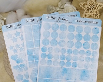 Bullet stickers : La Tête dans les Nuages || mixed-media, aquarelle, encre || planche d'autocollants fait main pour journaling/scrapbooking