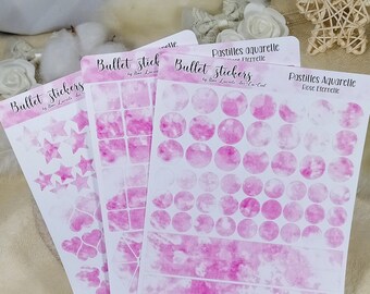 Bullet stickers : Rose Eternelle || mixed-media, aquarelle, encre, acrylique || planche de gommettes fait main pour journaling/scrapbooking