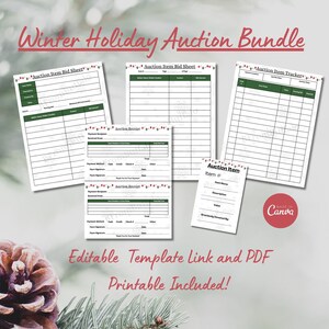 May include: Printable winter holiday auction bundle with forms for bid sheets, item trackers, and receipts. The forms are editable and include a green and red color scheme with a snowflake design.