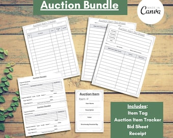 Silent Auction Bundle: Bid Sheet, Item Tracker, Tags (Canva Template)