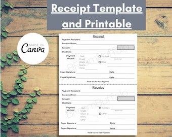 Editable Receipt Template: Cash, Rent, Sales (Canva, PDF)