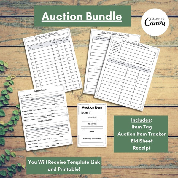 Auction item template, auction item tracker, silent auction bid sheet, auction template, auction bid sheet, auction supplies, auction sheet