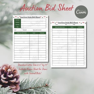Silent auction bid sheet, auction bid sheet, auction item template, auction items, auction supplies, silent auction bid sheet canva
