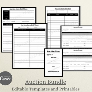 May include: A printable bundle of auction item templates, including a bid sheet, tracker, receipt, and item information sheet. The templates are black and white with a simple design.