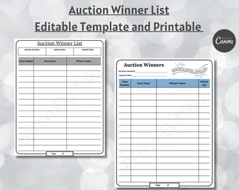 Auktionsvorlage: Stille Auktion, Gewinnerliste (Canva bearbeitbar, druckbar)