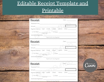 Editable Receipt Template: Rent, Donation, Payment (Digital Download)
