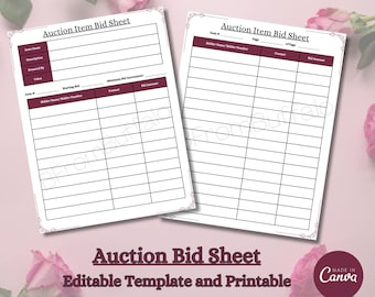 Auction Bid Sheet Template: Customizable Auction Supplies (Canva)