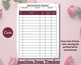 Auction Item Tracker Template: Customizable Auction Catalog (Canva)