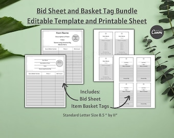 Auction Bid Sheet & Basket Tag Template (Canva Editable)