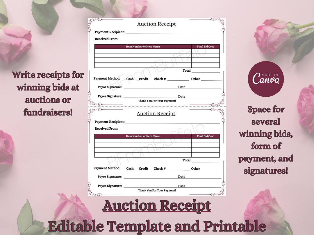 Auction Receipt Template, Itemized Bid Sheet (canva Template) - Etsy