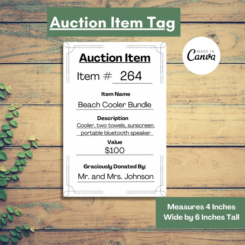 May include: White tag with black text, titled "Auction Item" with item number 264. The item is a Beach Cooler Bundle, described as a cooler, two towels, sunscreen, and a portable bluetooth speaker. The value is $100 and the item was donated by Mr. and Mrs. Johnson. The tag measures 4 inches wide by 6 inches tall.