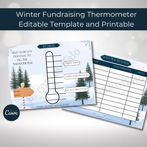 May include: A printable winter fundraising thermometer template featuring a thermometer graphic and a donation tracker table. The thermometer graphic has a blue outline and is filled in with black. The donation tracker table has columns for name, phone number, email, and amount. The background is a light blue with a wintery design.
