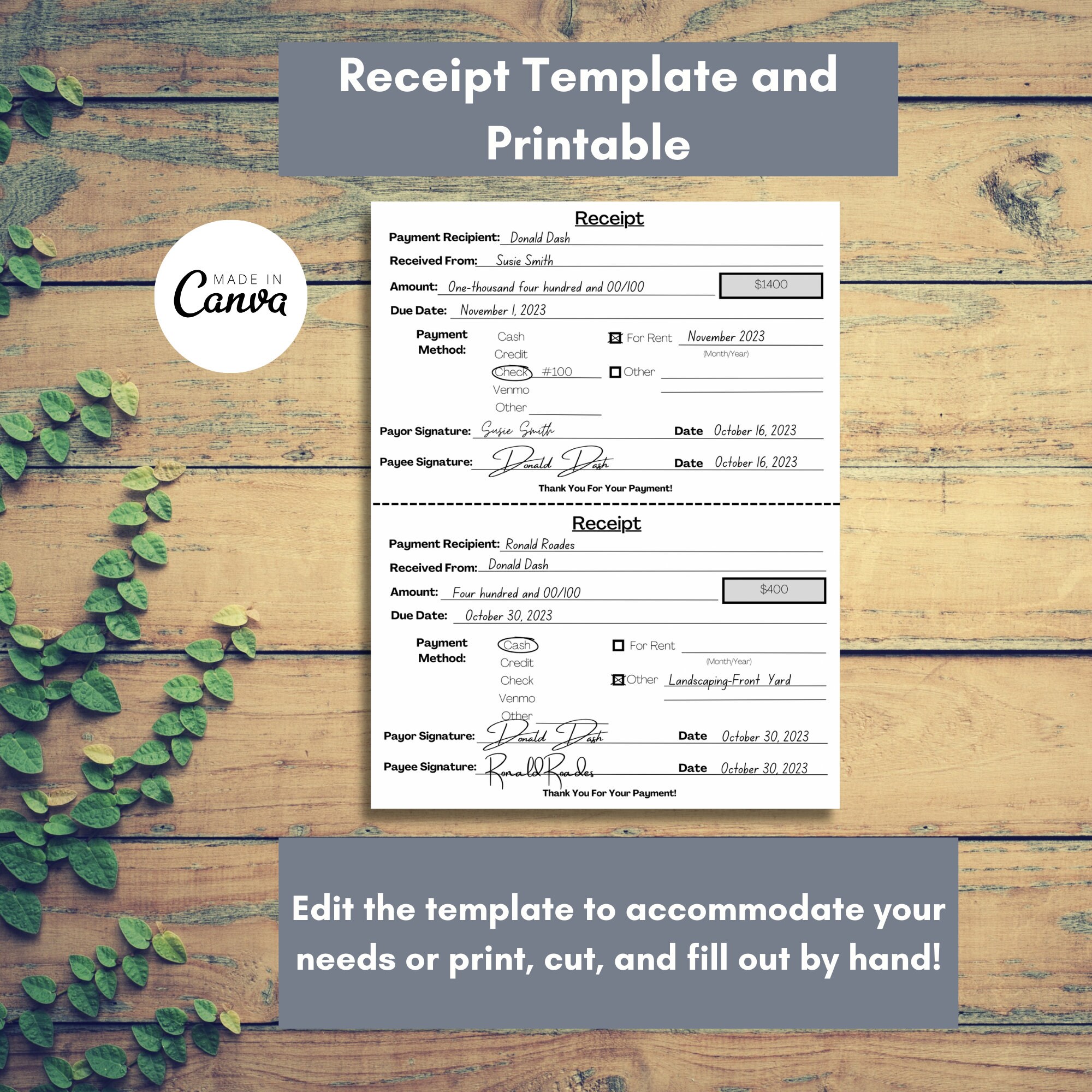 Editable Receipt Template, Acknowledgment Receipt, Cash Receipt, Rent ...