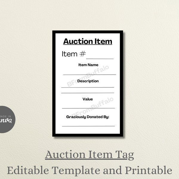 Auction basket tags, auction item sign, auction template, auction supplies, auction sheet, auction basket description, auction items