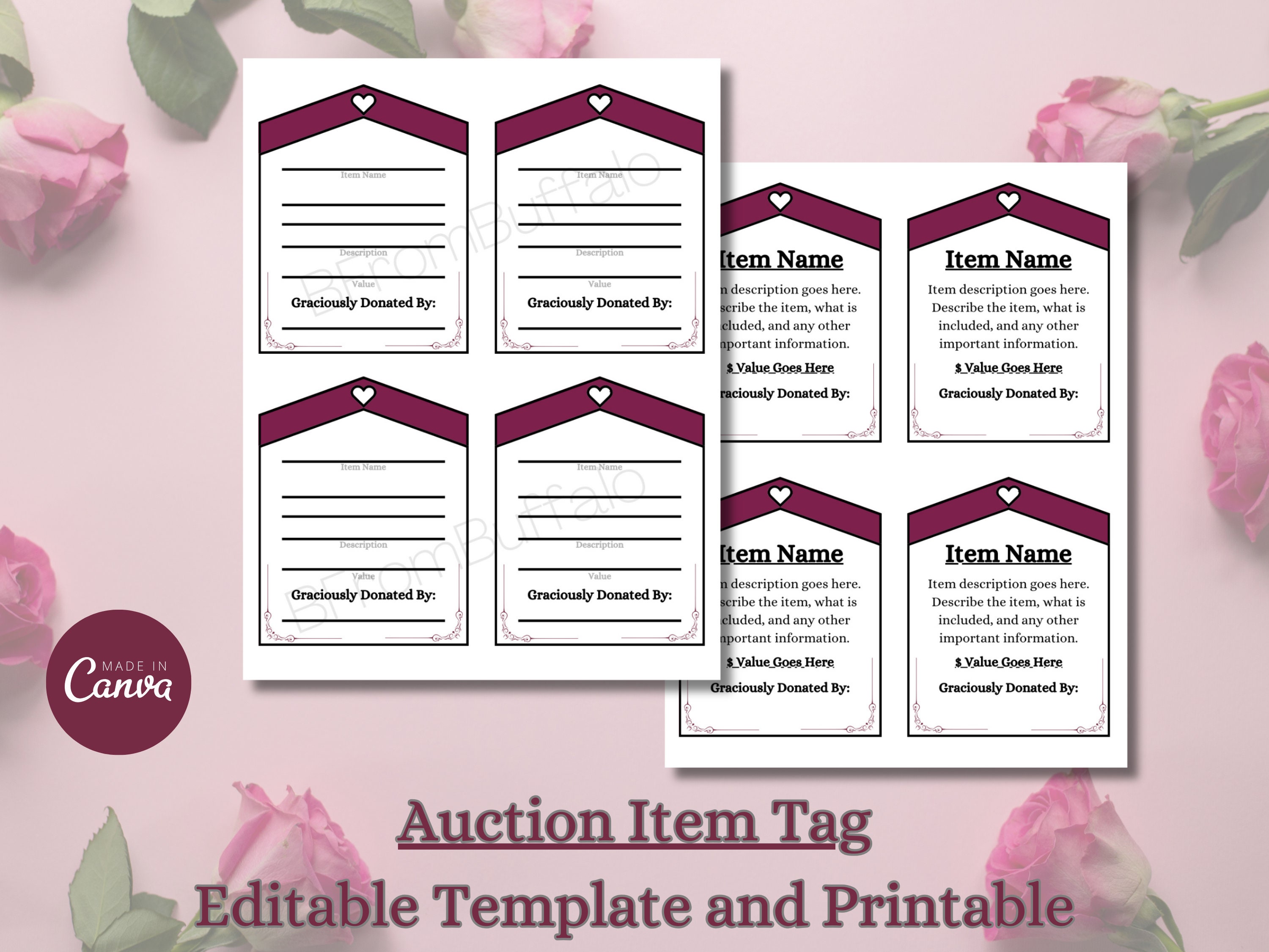 Auction basket tags, auction item sign, auction template, auction supplies, auction sheet, auction basket description, auction baskets
