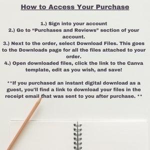 May include: A white background with black text explaining how to access a purchase on a website. The text includes instructions on how to sign into an account, go to the "Purchases and Reviews" section, and download files. The text also includes instructions for accessing files if the purchase was made as a guest.