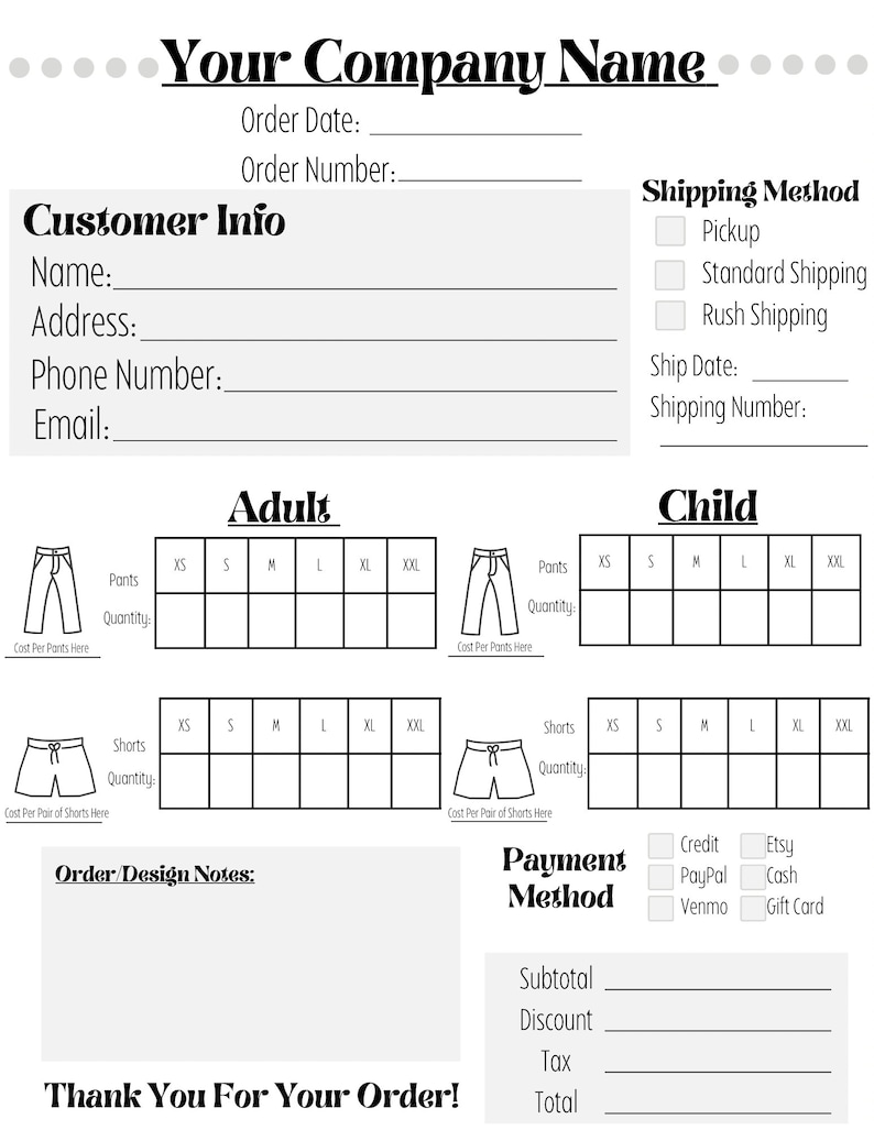 Apparel Order Form, Uniform Order Form, Clothing Order Form, Custom Order Form, Product Order