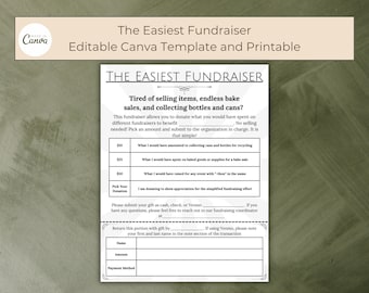 Könnte beinhalten: Eine druckbare Canva-Vorlage für eine Spendenaktion mit dem Text "The Easiest Fundraiser". Die Vorlage enthält Abschnitte für Spendenbeträge und einen Bereich, um den Namen, den Betrag und die Zahlungsmethode des Spenders einzutragen. Das Design ist einfach und benutzerfreundlich.