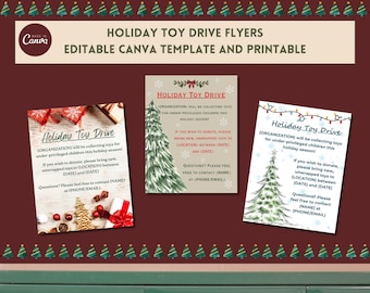 Peut inclure: Flyers pour la collecte de jouets des fêtes, un modèle Canva modifiable et imprimable. Les flyers sont sur un fond bordeaux avec une bordure d'arbres de Noël verts. Les flyers ont un graphisme d'arbre de Noël et le texte "Holiday Toy Drive".