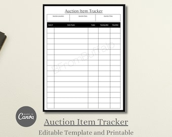Auction Item Tracker Template: Customizable Auction Catalog (Digital Download)