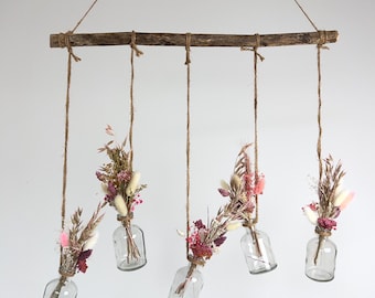 DIY Set Window Hanging Branch with Glass Vases and Dried Flowers