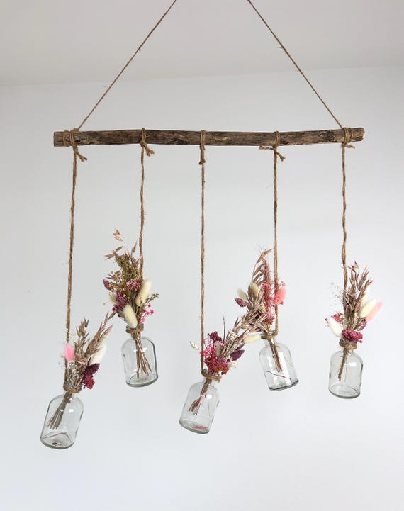 DIY Set Fensterhänger Ast mit Glasvasen und Trockenblumen